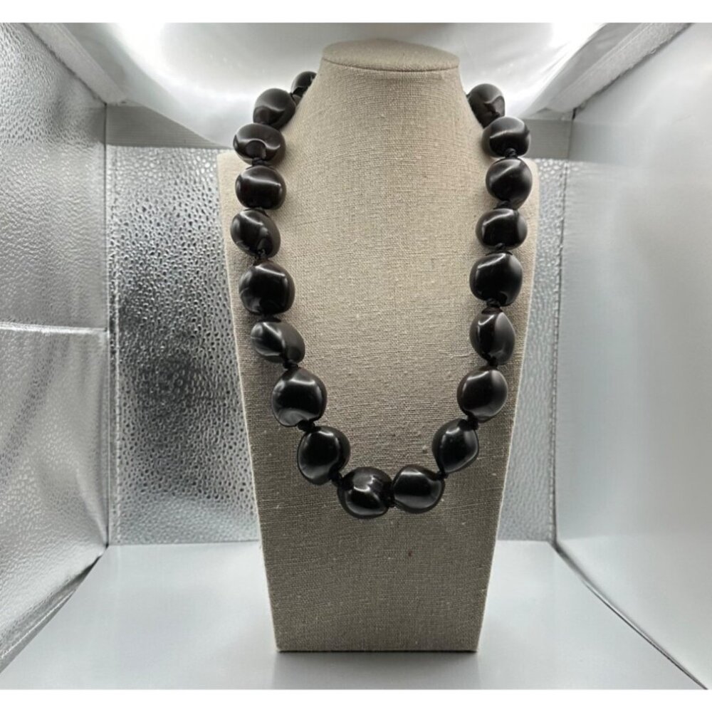 Black Beaded Large Kukui Nut Necklace Adjustable Ribbon Tie Vintage Lei Necklace